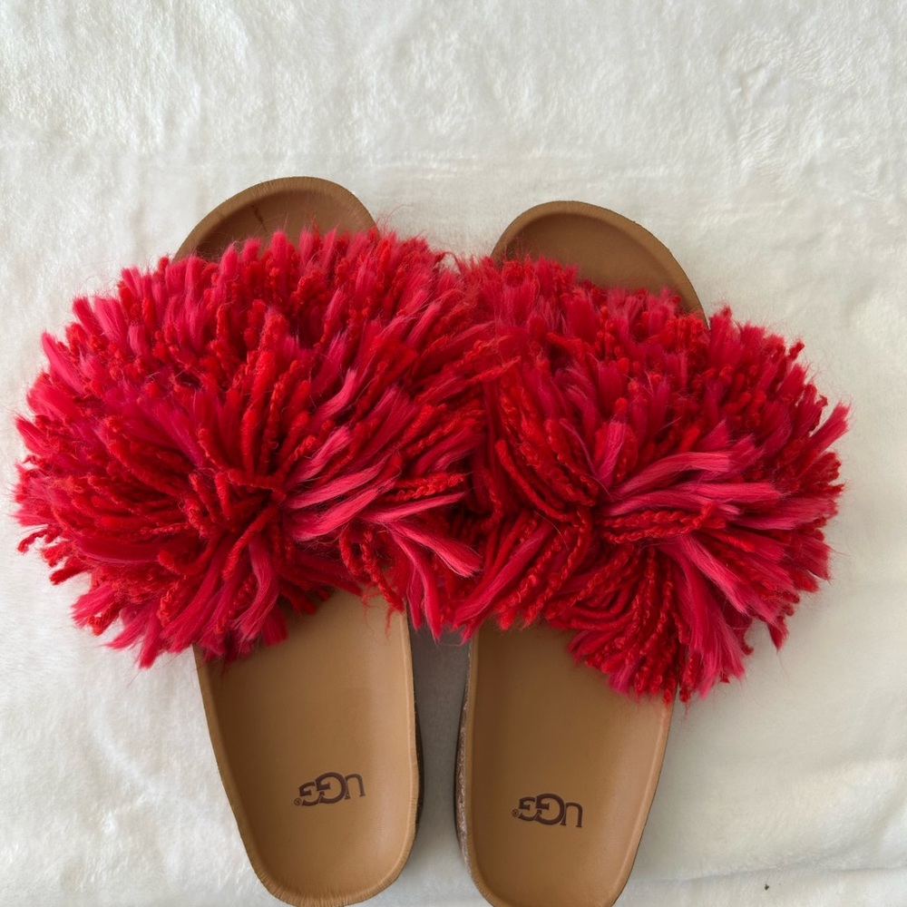UGG Bright Red and Pink Fuzzy Slide Sandals